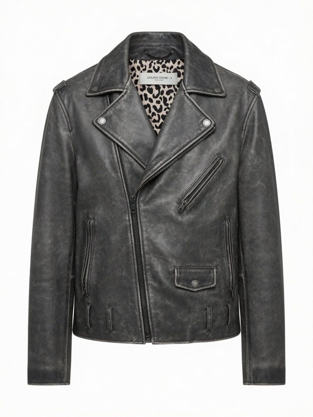 Golden Goose Men's Charcoal Gray Distressed Leather Moto Jacket